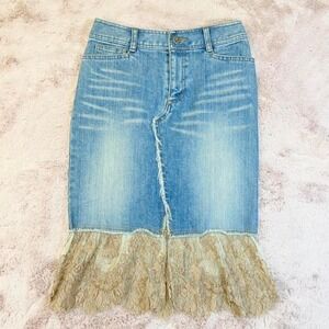 Vanilla Confusion Denim Midi Skirt Lace Hem Y2K Slit Stretch Womens XS S